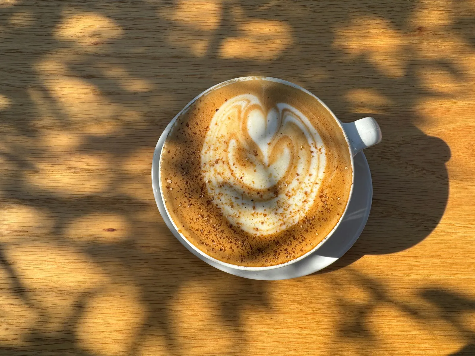 Cappuccino mit Latte Art im Blätterschatten