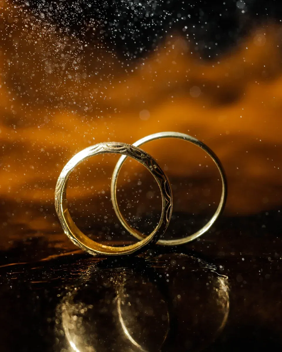 Zwei ineinander liegende Trauringe aus Gelbgold vor goldenem Dunst