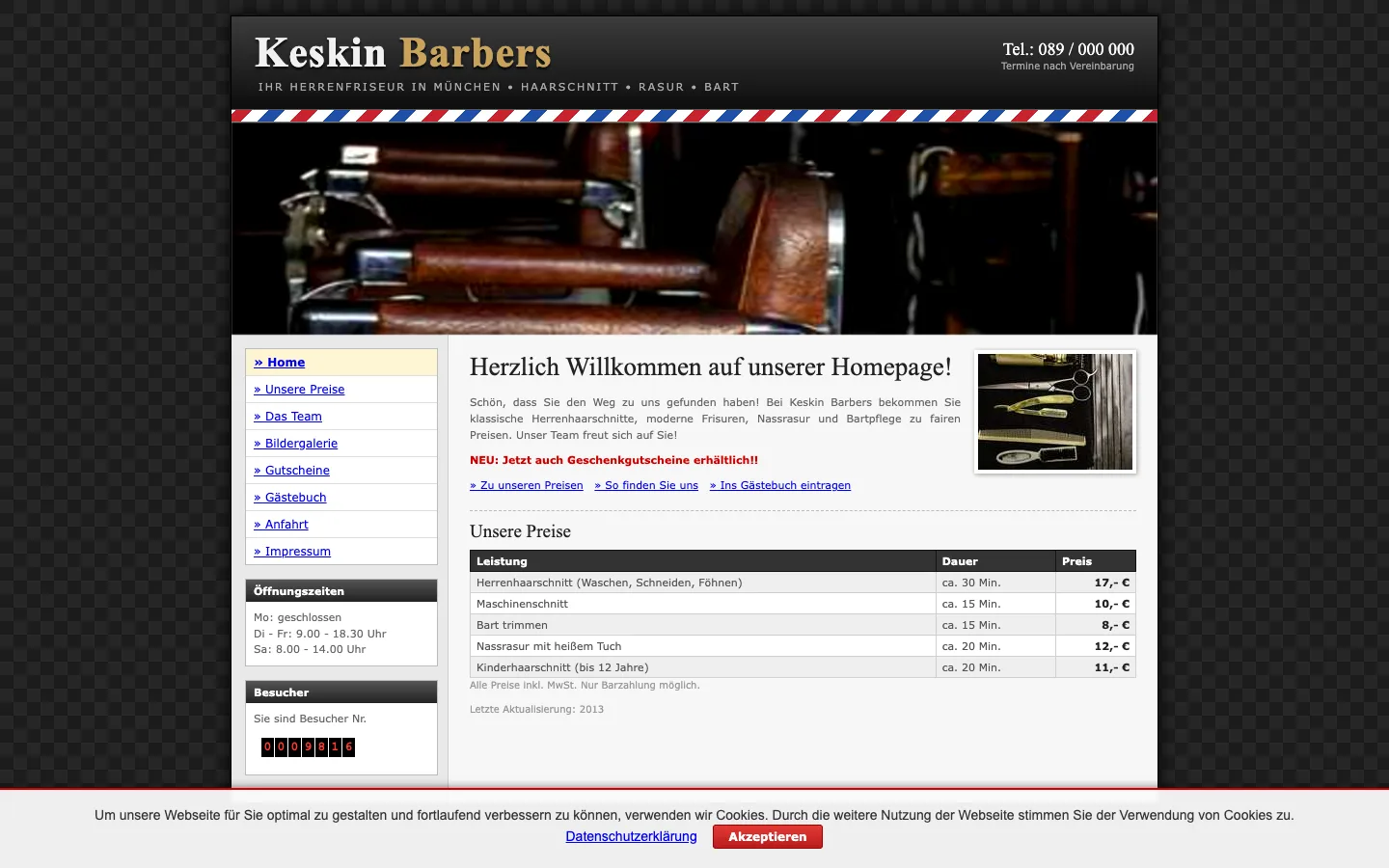 Vorher: eine veraltete Website für Keskin Barbers, als Beispiel erfunden